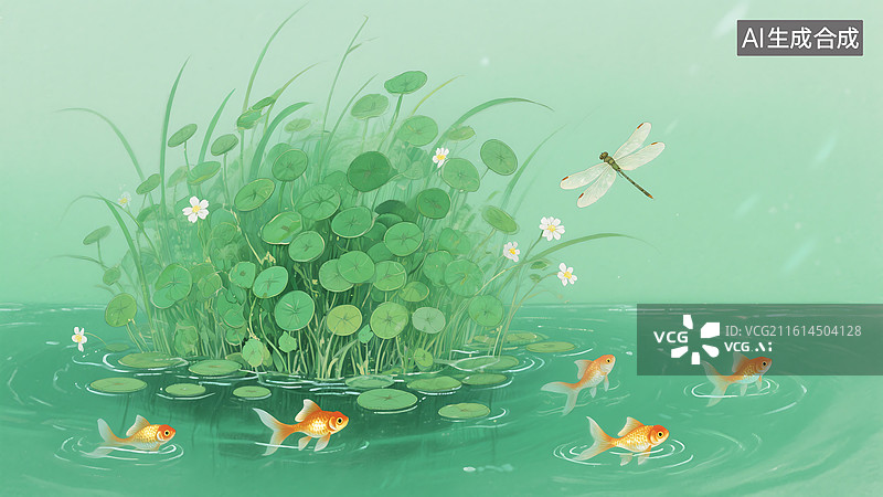 【AI数字艺术】绿色池塘里的金鱼和蜻蜓水彩插画图片素材