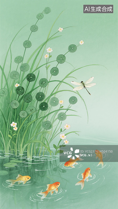 【AI数字艺术】绿色池塘里的金鱼和蜻蜓水彩插画图片素材
