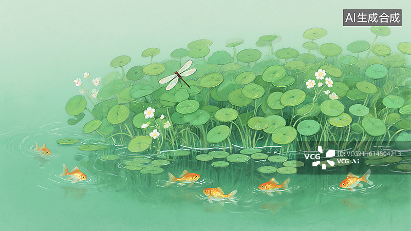 【AI数字艺术】绿色池塘里的金鱼和蜻蜓水彩插画图片素材