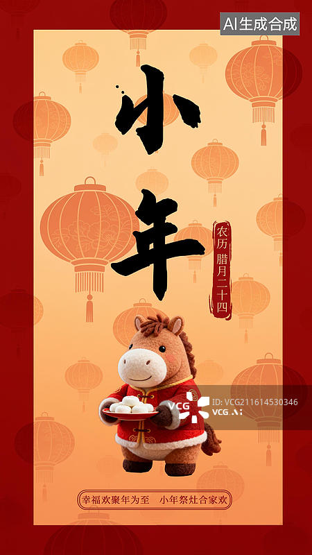 【AI数字艺术】南方小年马年春节毛毡3D卡通海报模板图片素材