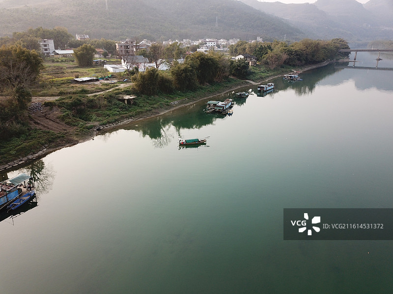 广东清远青莲镇网红景点农村河流码头船马路农田桥农村房屋古建筑航拍图片素材