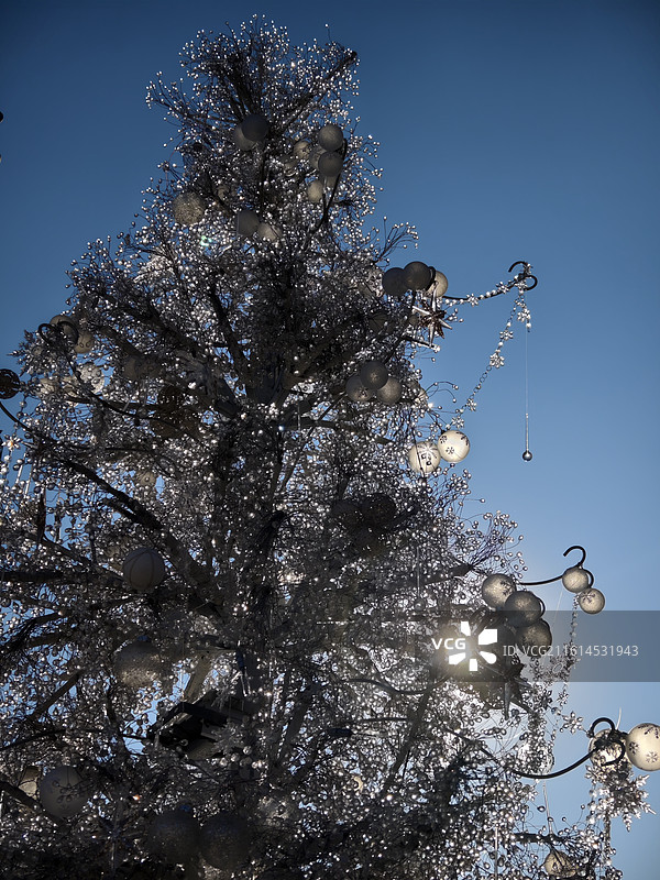银色幻境！水晶珠串圣诞树与钟楼：阳光下的冬日光影交响图片素材