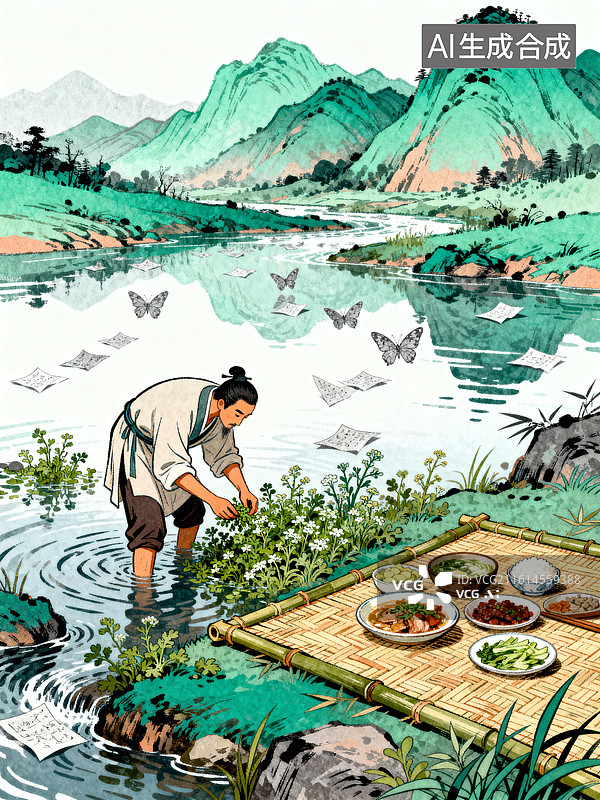 【AI数字艺术】男人在水里采野菜，竹筏上有菜，水里飘着写满字的纸图片素材
