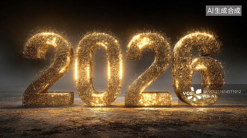 【AI数字艺术】黑暗中闪烁着暖色灯串光芒的2026数字装置图片素材