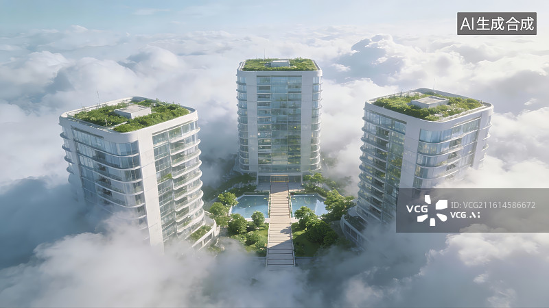 【AI数字艺术】云中现代高层建筑群图片素材