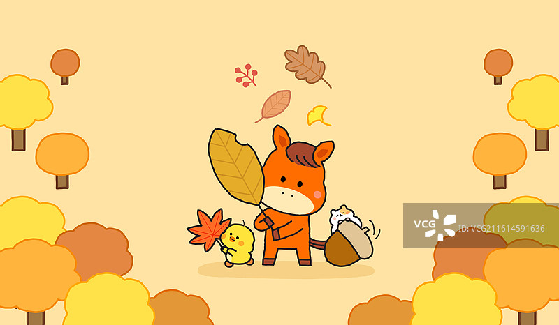 马，角色，红马年，2026年，季节，风景，小鸡，仓鼠，日历，十月，秋天，枫树，落叶，橡子图片素材