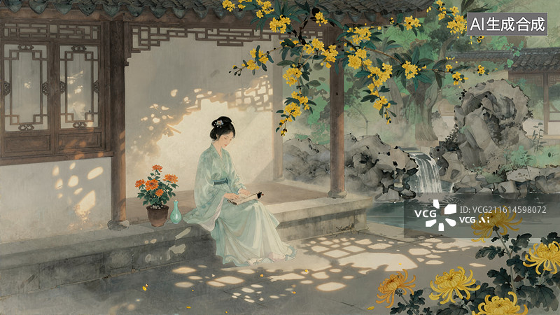 【AI数字艺术】庭院赏花女子静坐图图片素材