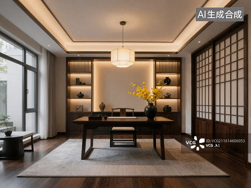 【AI数字艺术】新中式茶室空间设计图片素材