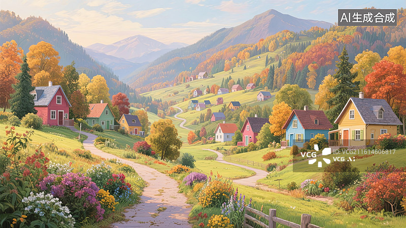 【AI数字艺术】秋日山间小镇唯美插画图片素材