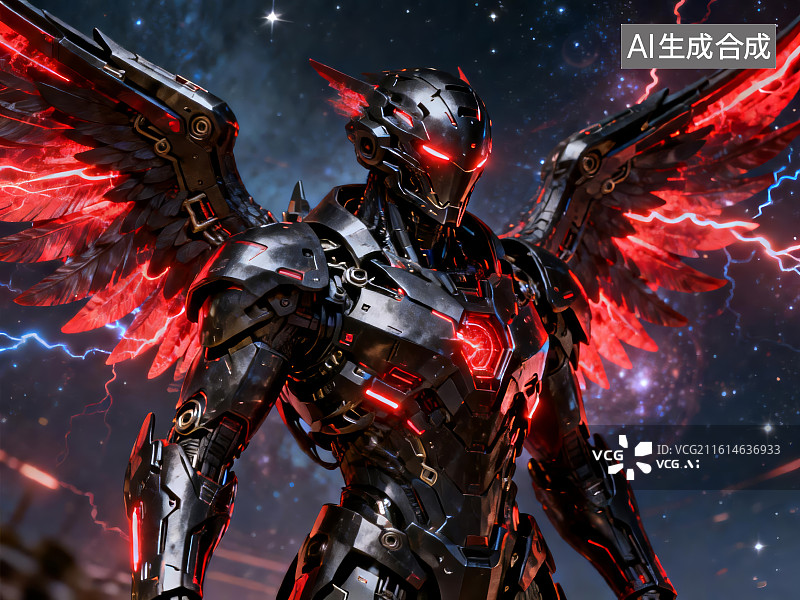 【AI数字艺术】赛博朋克红翼天使机甲战士图片素材