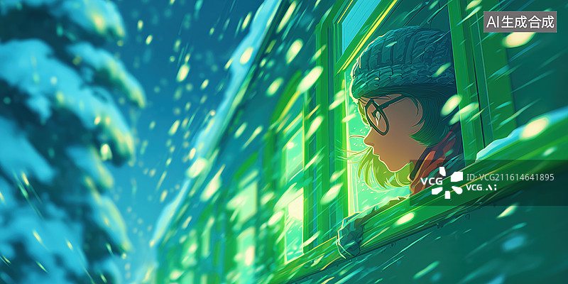 【AI数字艺术】返乡少女从车窗向外看下雪冬天火车穿过森林的唯美漫画图片素材