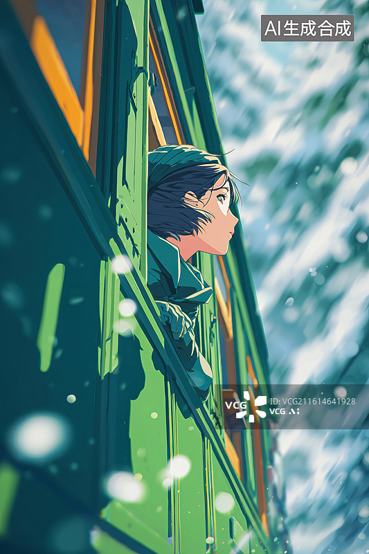 【AI数字艺术】返乡少女从车窗向外看下雪冬天火车穿过森林的唯美漫画图片素材