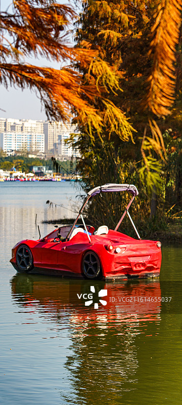 苏州虎丘湿地公园秋冬季节的落羽杉池杉水杉彩色森林自然倒影景观与湖面游船特写图片素材