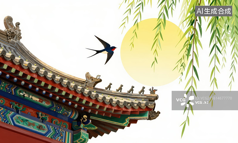 【AI数字艺术】春燕掠屋檐图片素材