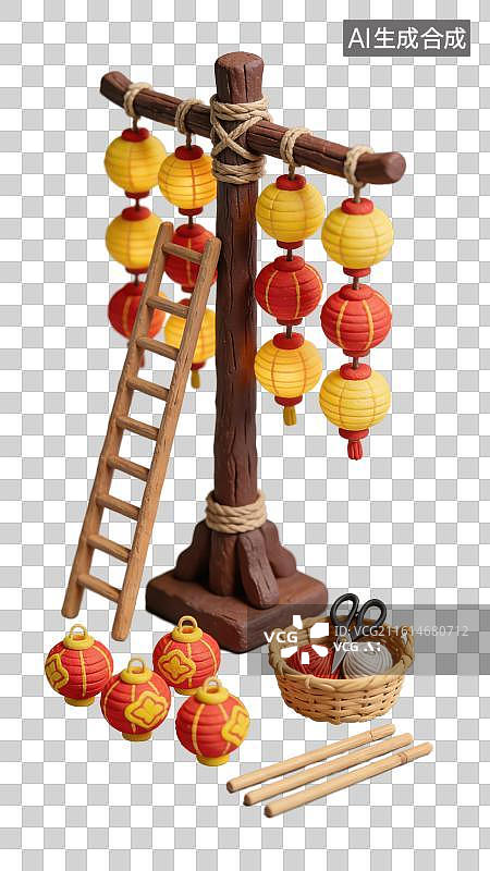 【AI数字艺术】3D粘土风中国风灯笼农历正月十二春节搭灯棚元素图片素材