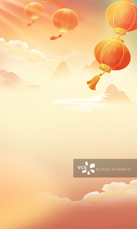 日落时的天空映衬下的灯笼，2026年马年 中国新年祝福贺卡年画 国风肌理红色灯笼 暖色渐变背景 竖版图片素材