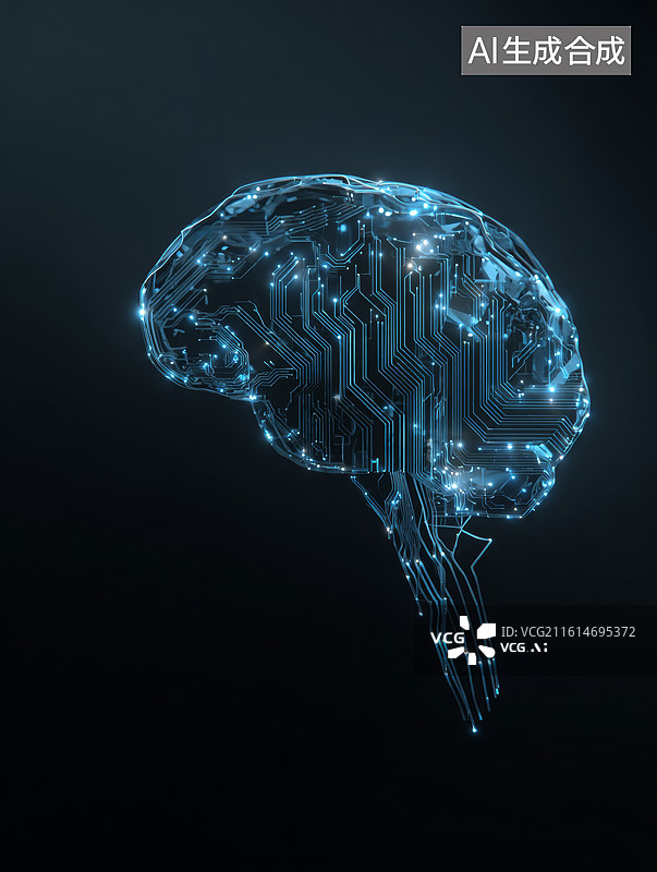 【AI数字艺术】黑色背景下由发光电路组成的数字大脑概念图图片素材