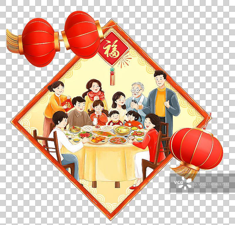 2026年马年 中国新年祝福贺卡年画 传统年俗大年三十年夜饭 窗花里的除夕和灯笼，图片素材