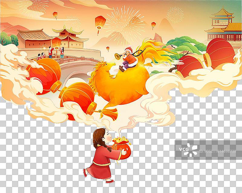 2026马年国风创意新春插画元素 孩子装满元宝的福袋 金马上的女孩吹着喇叭贺新年喜庆氛围图片素材