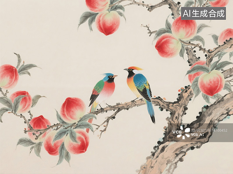 【AI数字艺术】中国画，仙桃与鸟，仙桃，寿桃图片素材