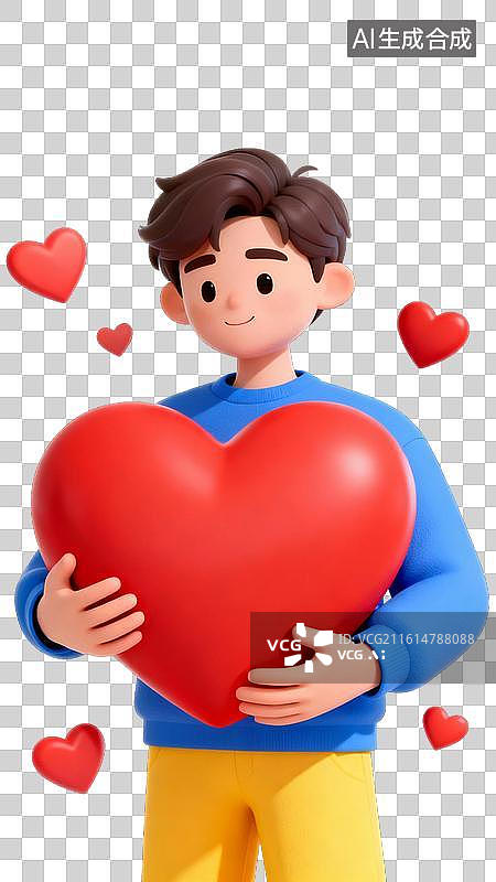 【AI数字艺术】卡通男孩怀抱爱心象征爱意图片素材