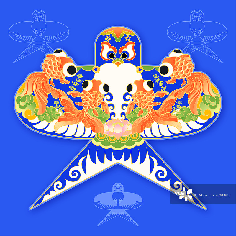 金鱼荷叶荷花鱼藻纹中国传统燕子风筝纹样国潮插画图片素材