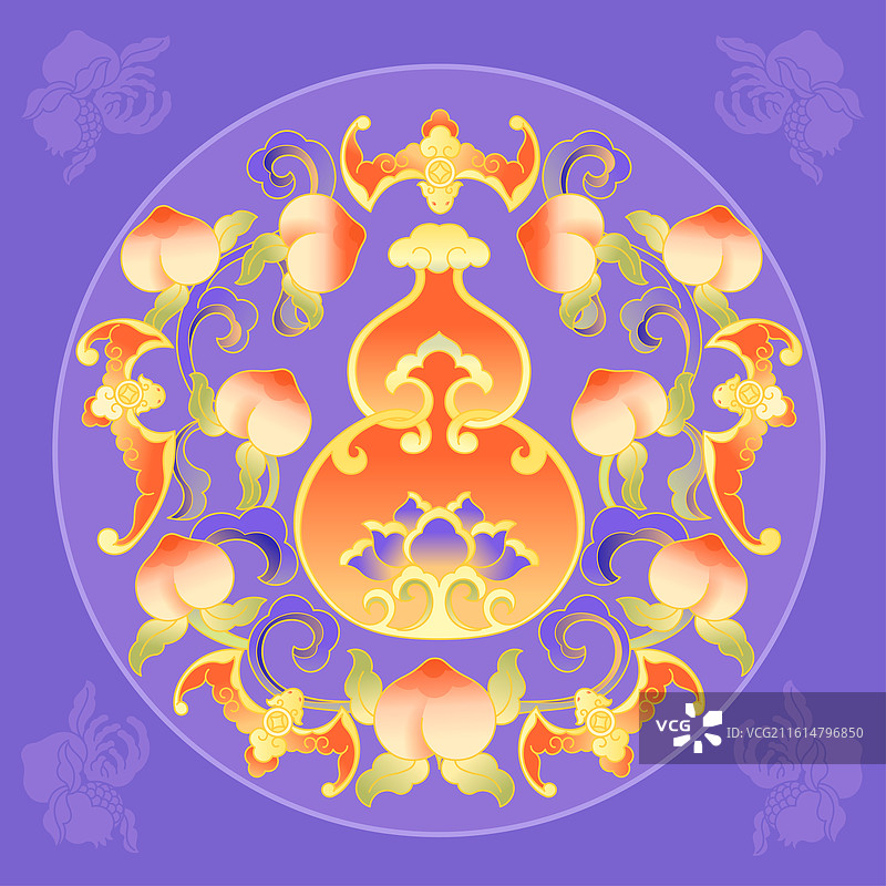 福禄寿蝙蝠葫芦寿桃九桃图吉祥国潮纹样插画图片素材
