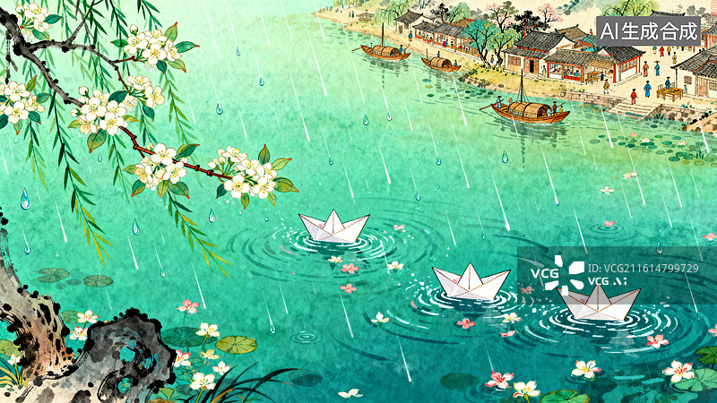 【AI数字艺术】雨中湖畔村落，纸船随波逐流 清明节寒食节主题插画图片素材