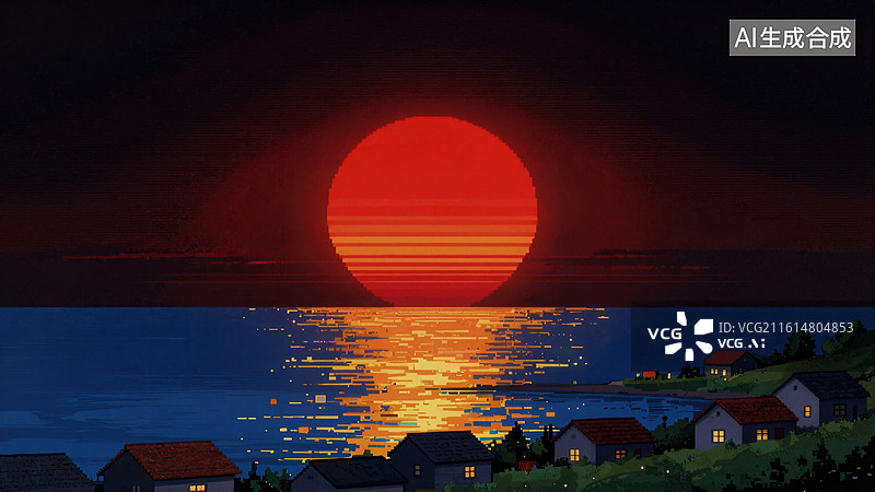 【AI数字艺术】夕阳下的海滨小镇图片素材