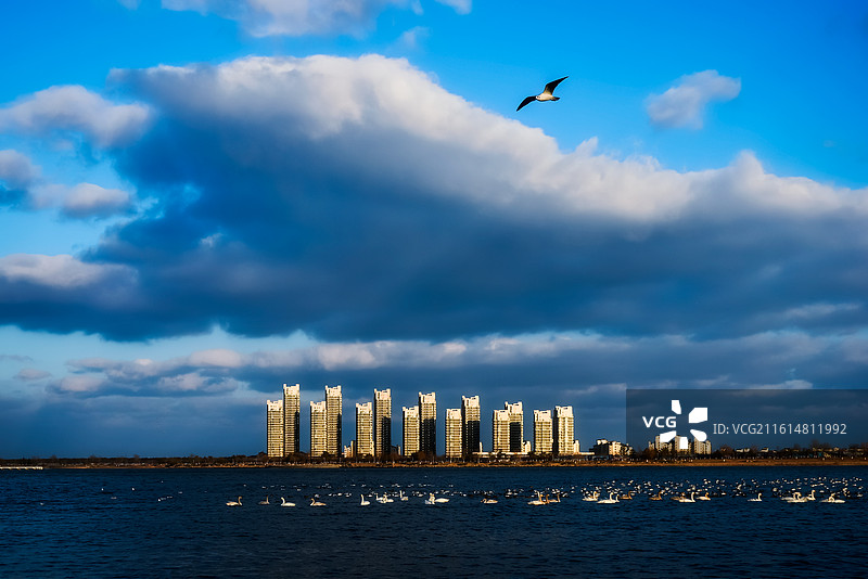 多云的天空衬托着海滨城市威海荣成的景色图片素材