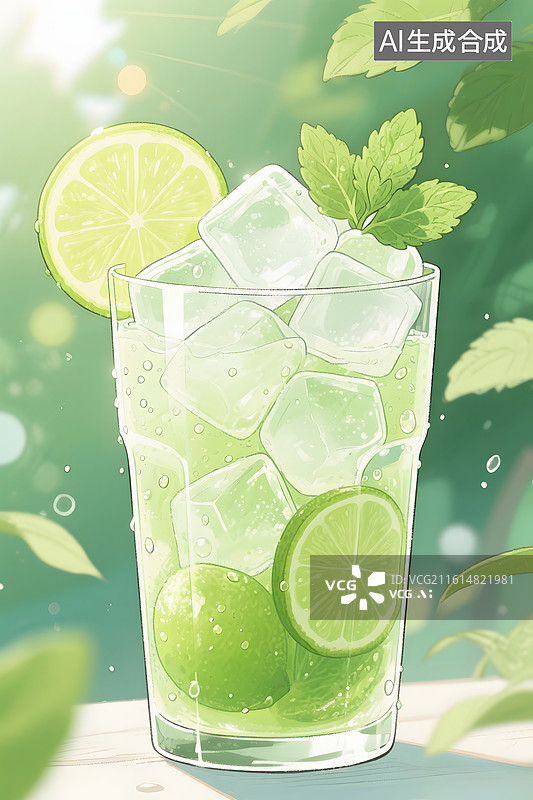 【AI数字艺术】手绘香水柠檬青柠薄荷水莫吉托图片素材