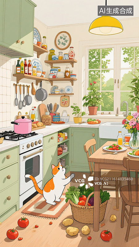 【AI数字艺术】卡通厨房插画，橘白相间的猫咪在厨房角落的地垫上玩耍，旁边的篮子里装满了新鲜蔬菜，还散落着番茄和土豆图片素材