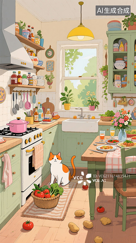 【AI数字艺术】卡通厨房插画，橘白相间的猫咪在厨房角落的地垫上玩耍，旁边的篮子里装满了新鲜蔬菜，还散落着番茄和土豆图片素材