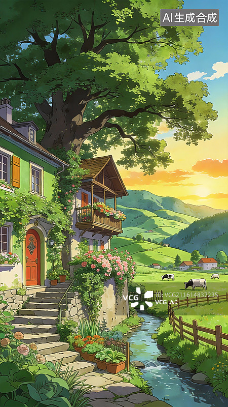 【AI数字艺术】江南的水乡房屋，房屋被茂密的绿植环绕，旁边还有石阶通向高处，几个牛羊悠闲吃草，增添了田园诗般的魅力图片素材