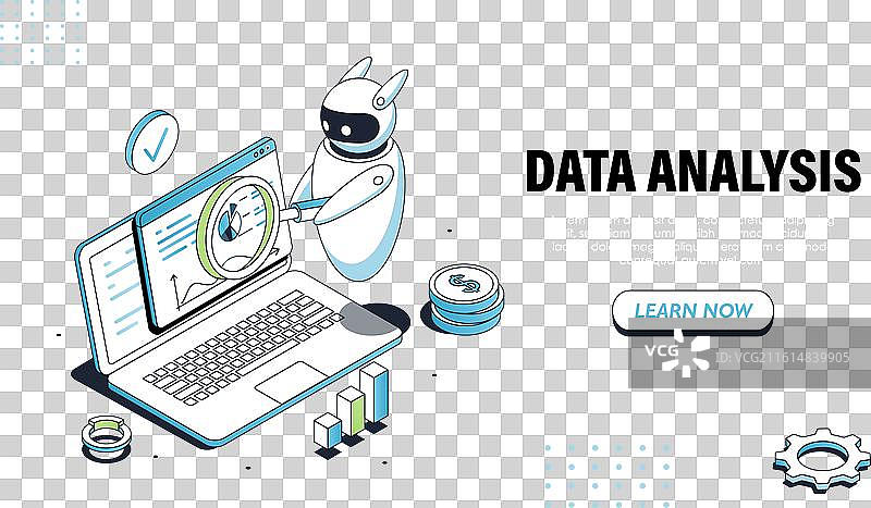 等距数据分析海报机器人靠近笔记本电脑图片素材