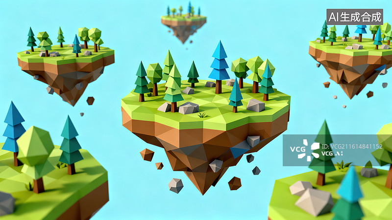 【AI数字艺术】低多边形风格浮空岛奇幻景观图图片素材