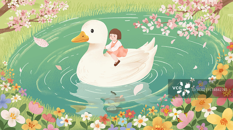 春天的碧水和骑着鸭子的女孩图片素材