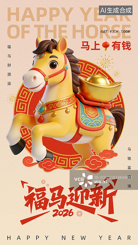【AI数字艺术】马年福马迎新马上有钱商业海报-3D立体国风马年商业海报手机海报设计模板图片素材