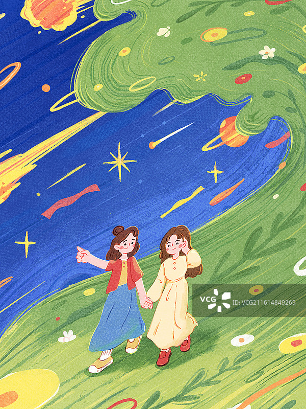 宇宙星空下两个女孩在草原上漫步图片素材