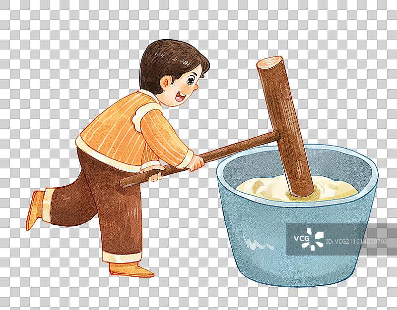 手绘水彩春节男孩打年糕免抠元素图片素材