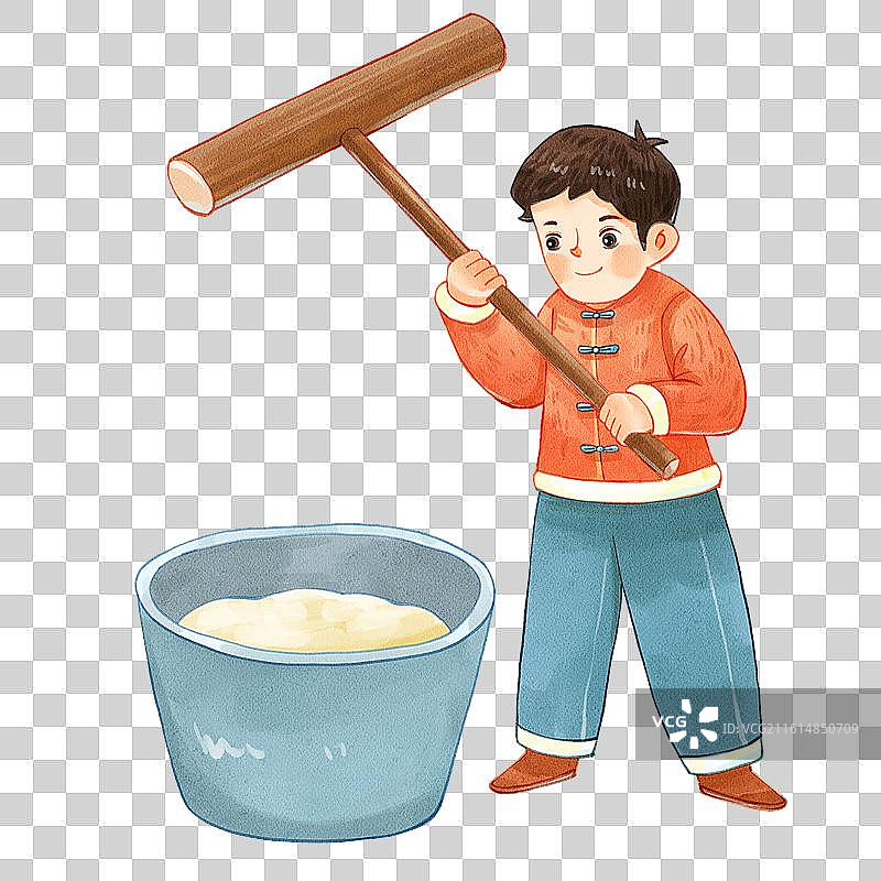 手绘水彩春节男生打年糕免抠元素图片素材