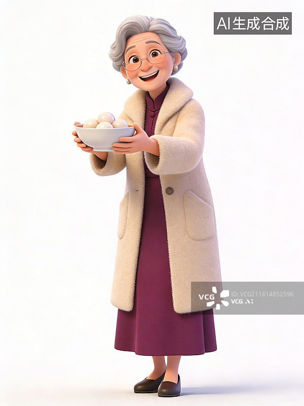 【AI数字艺术】一位年长女性，面带微笑，手持汤圆碗，身穿紫色长裙和米色大衣，脚穿黑色平底鞋图片素材