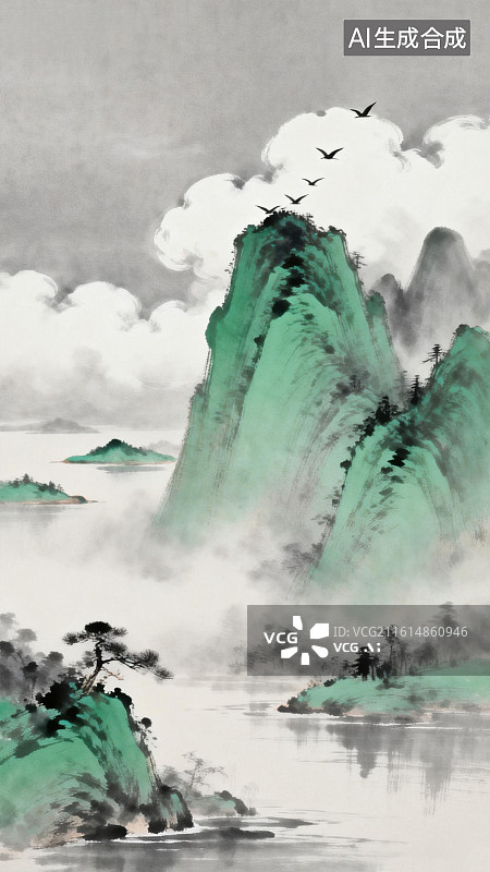 【AI数字艺术】山水云雾飞鸟图图片素材