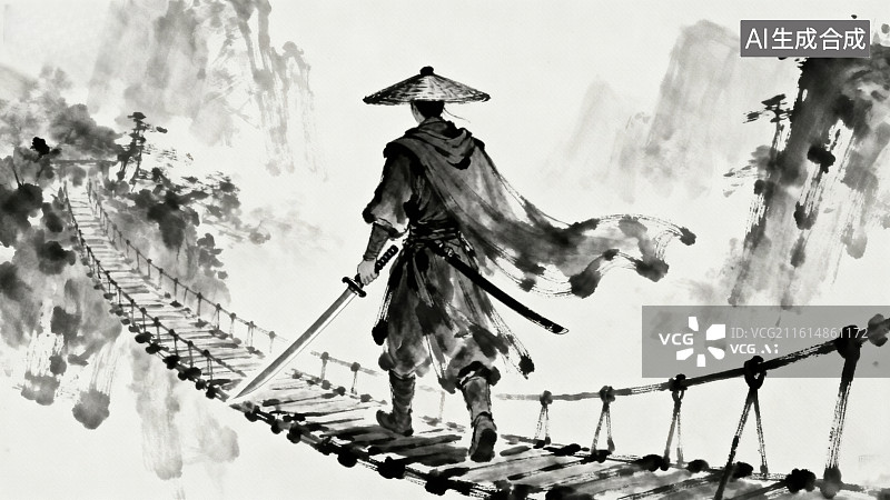 【AI数字艺术】武士行于悬索桥图片素材