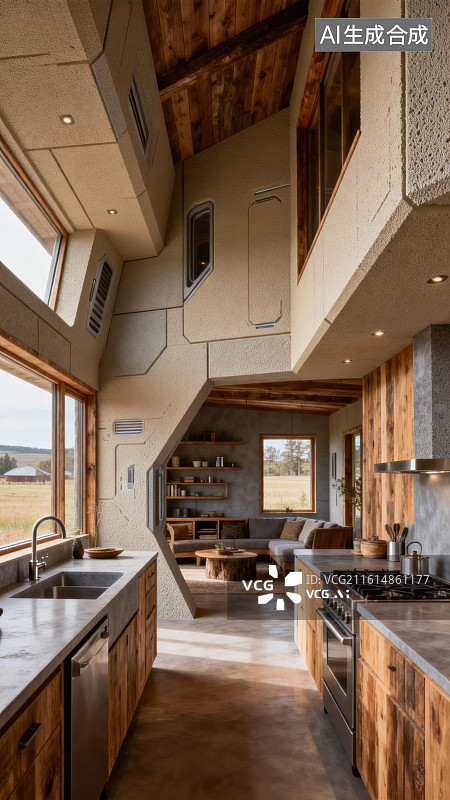 【AI数字艺术】现代木质厨房与客厅空间图片素材