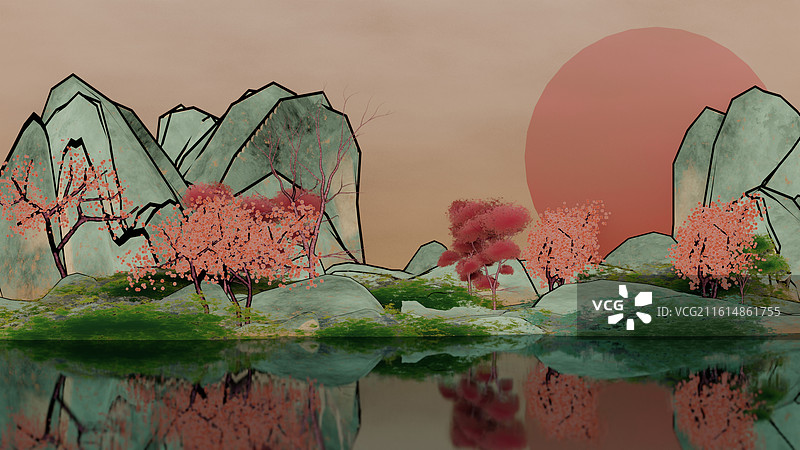 中国风水墨群山和樱花草丛图片素材