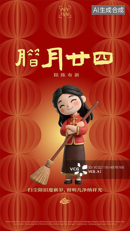 【AI数字艺术】农历腊月二十四除尘大扫除打扫房子春节过年习俗海报图片素材