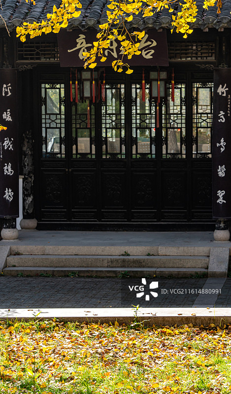 银杏黄叶背景映衬中的扬州廋西湖风景区音乐台景点秋色景观特写镜头图片素材