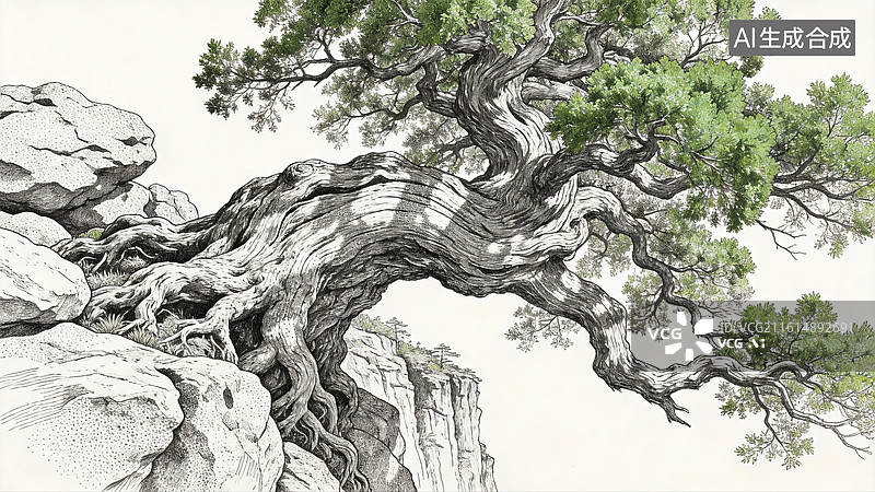 【AI数字艺术】古树盘根于岩石之上图片素材