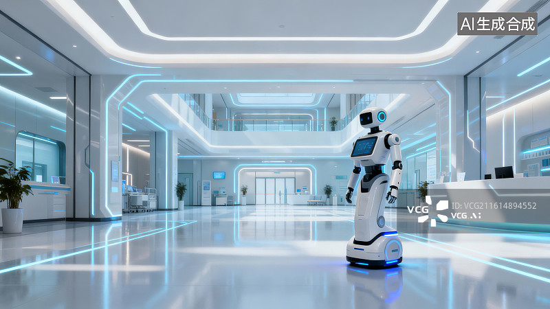 【AI数字艺术】现代医院走廊中的机器人助手图片素材